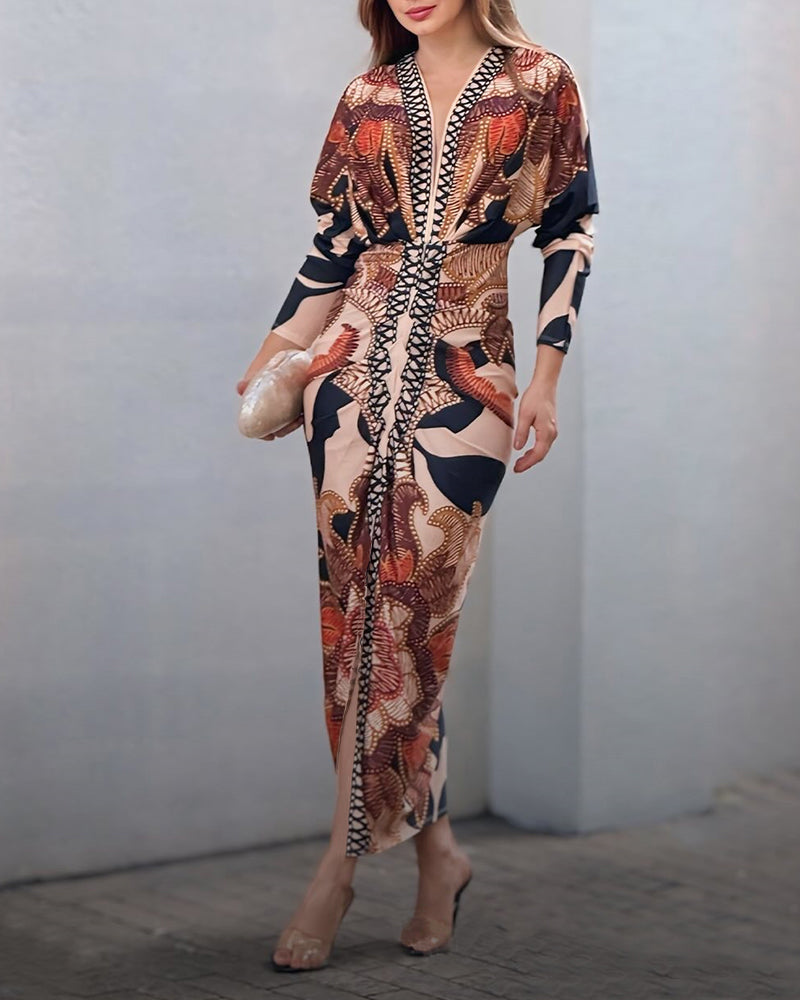 Vintage Baroque Deep-V Bodycon Dress with Slit and Ruching