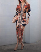 Vintage Baroque Deep-V Bodycon Dress with Slit and Ruching