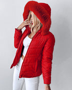 Fuzzy Trim Hooded Puffer Jacket with Shirred Zipper Pockets