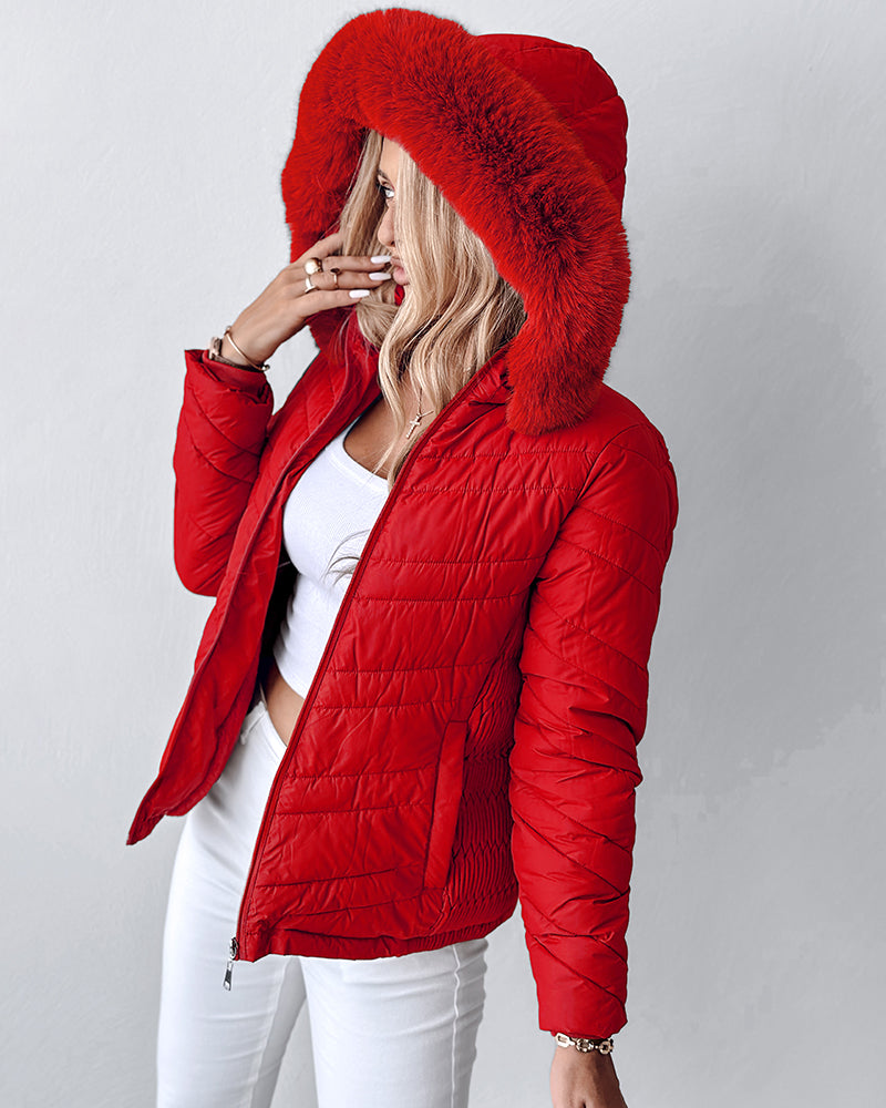 Fuzzy Trim Hooded Puffer Jacket with Shirred Zipper Pockets