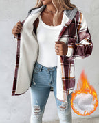 Hooded Plaid Shacket with Long Sleeves and Fleece Lining