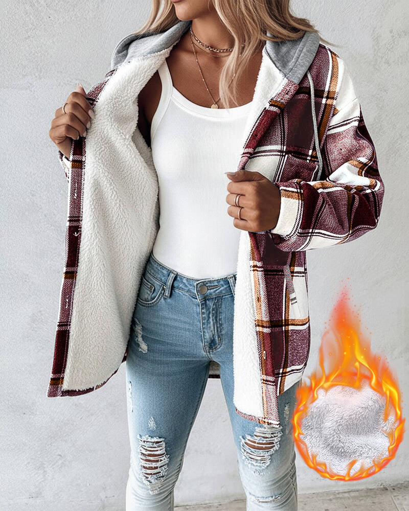 Hooded Plaid Shacket with Long Sleeves and Fleece Lining