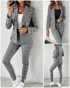 2-Piece Plaid Blazer with Notched Collar and Drawstring Pants Set