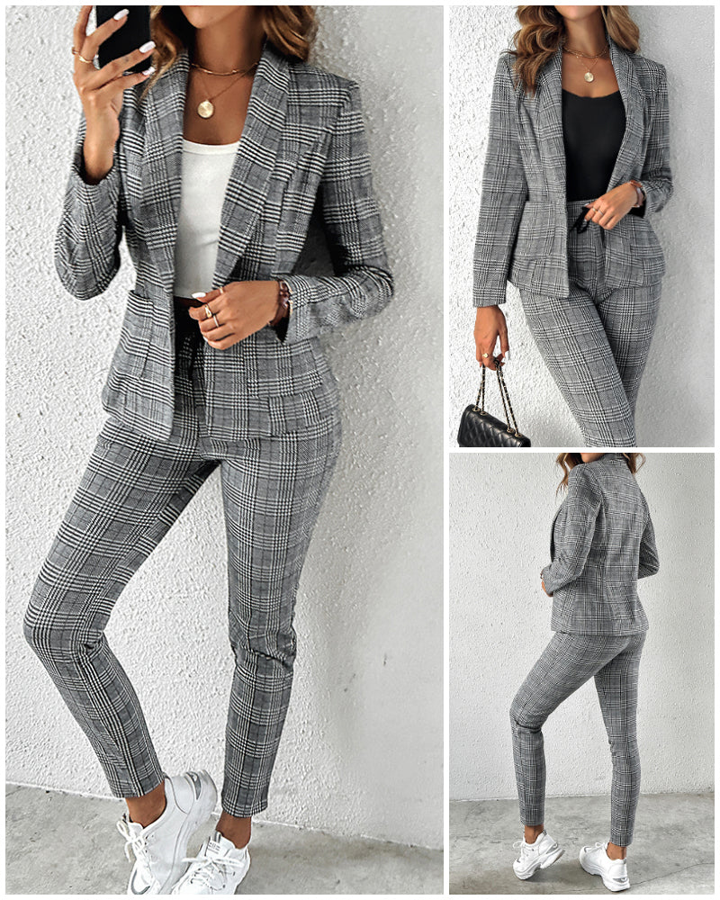 2-Piece Plaid Blazer with Notched Collar and Drawstring Pants Set