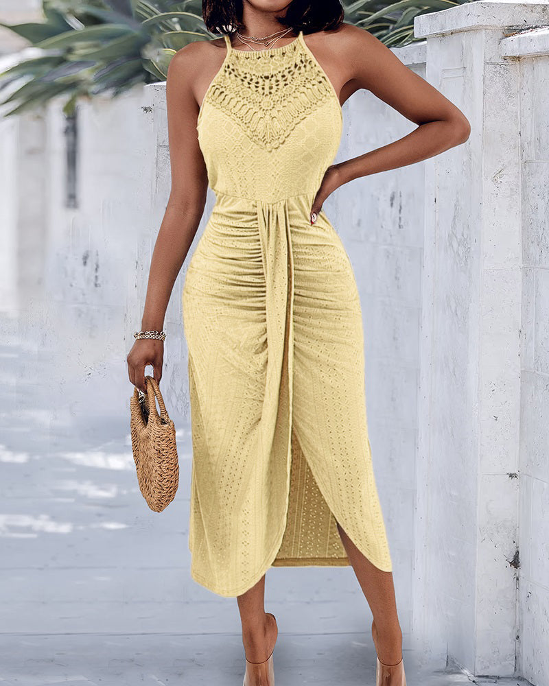 Ruched Halter Dress with Lace Yoke and Adjustable Neckline