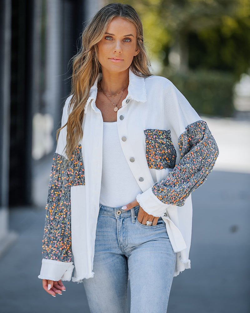 Raw Hem Sequin Patchwork Denim Shacket with Button Front