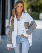 Raw Hem Sequin Patchwork Denim Shacket with Button Front