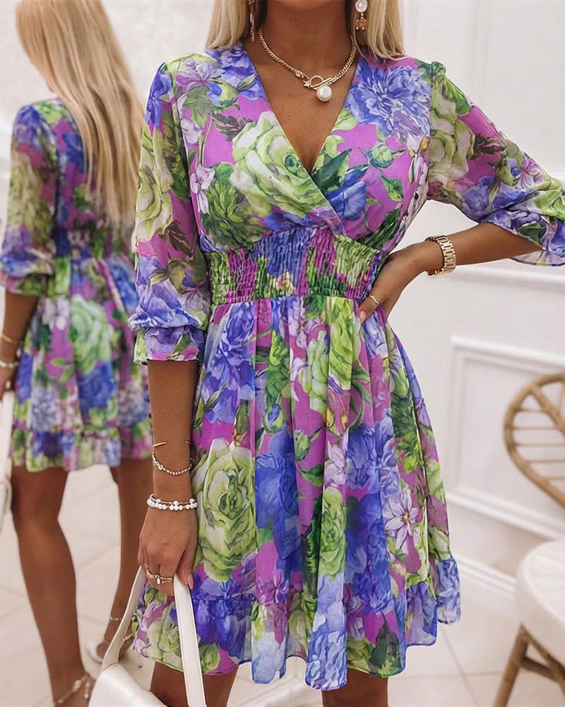 Chiffon Floral V-Neck Dress with Ruffled Hem and Shirred Waist