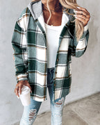 Hooded Plaid Shacket with Long Sleeves and Fleece Lining