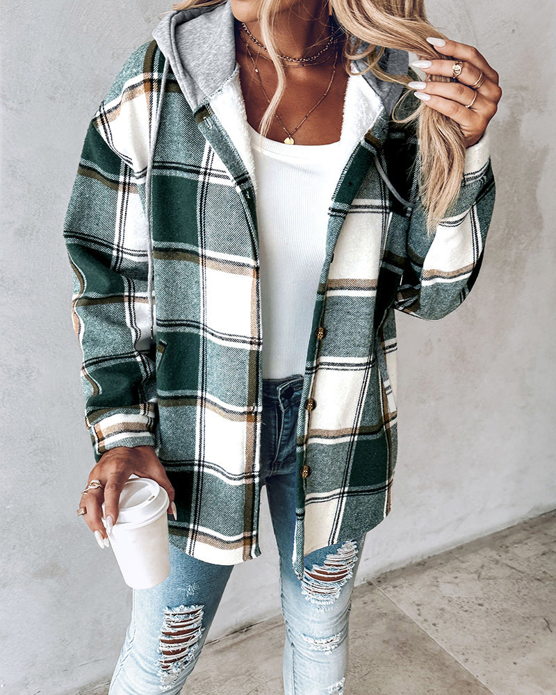 Hooded Plaid Shacket with Long Sleeves and Fleece Lining