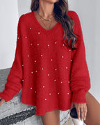 V-Neck Beaded Long Sleeve Fluffy Oversized Pullover Sweater