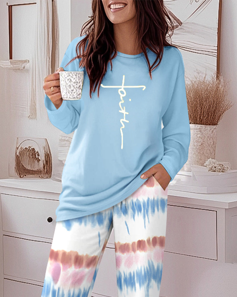 "2-Piece Ombre Pants and Letter Print Top Casual Ensemble"