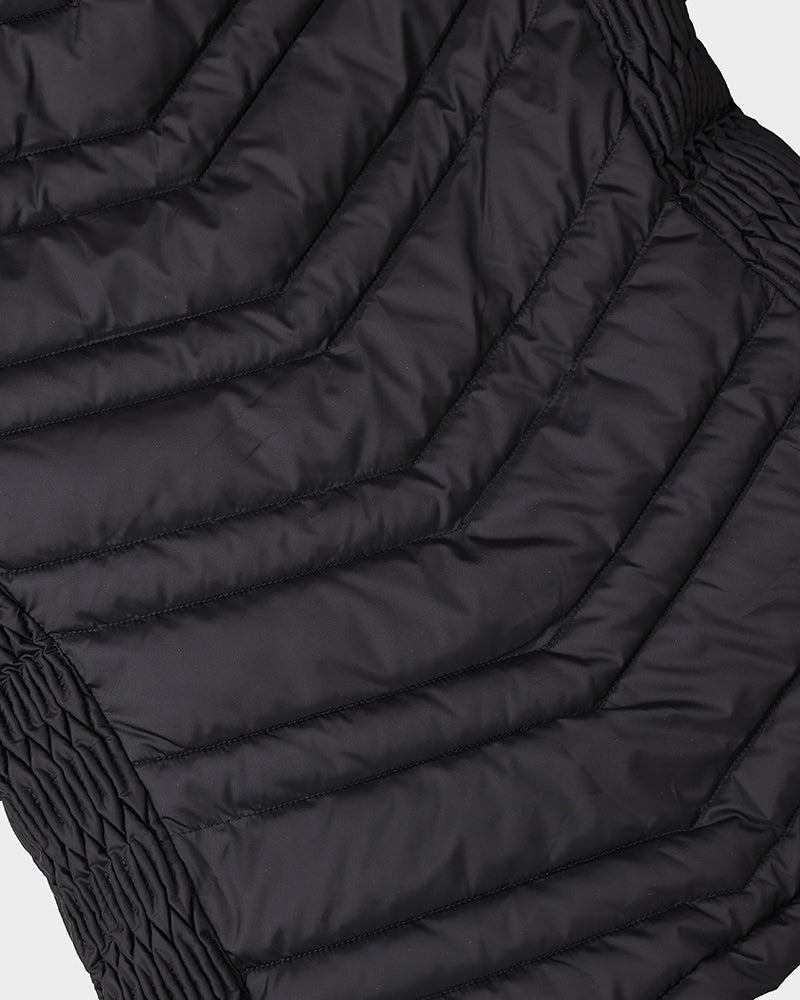 Fuzzy Trim Hooded Puffer Jacket with Shirred Zipper Pockets