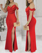 Pearl Strap Cowl Neck Bodycon Dress with High Slit Evening