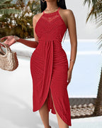 Ruched Halter Dress with Lace Yoke and Adjustable Neckline