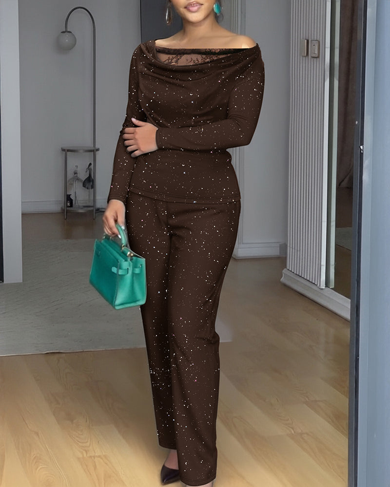 2-Piece Sparkly Ensemble: Lace Cowl Neck Top & Wide-Leg Pants