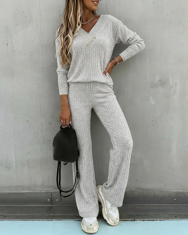 2-Piece V-Neck Button Top and Straight Leg Casual Pants Set