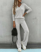 2-Piece V-Neck Button Top and Straight Leg Casual Pants Set