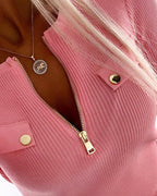 Half-Zip Ribbed Knit Crewneck Sweater with Flap Detail Pullover.
