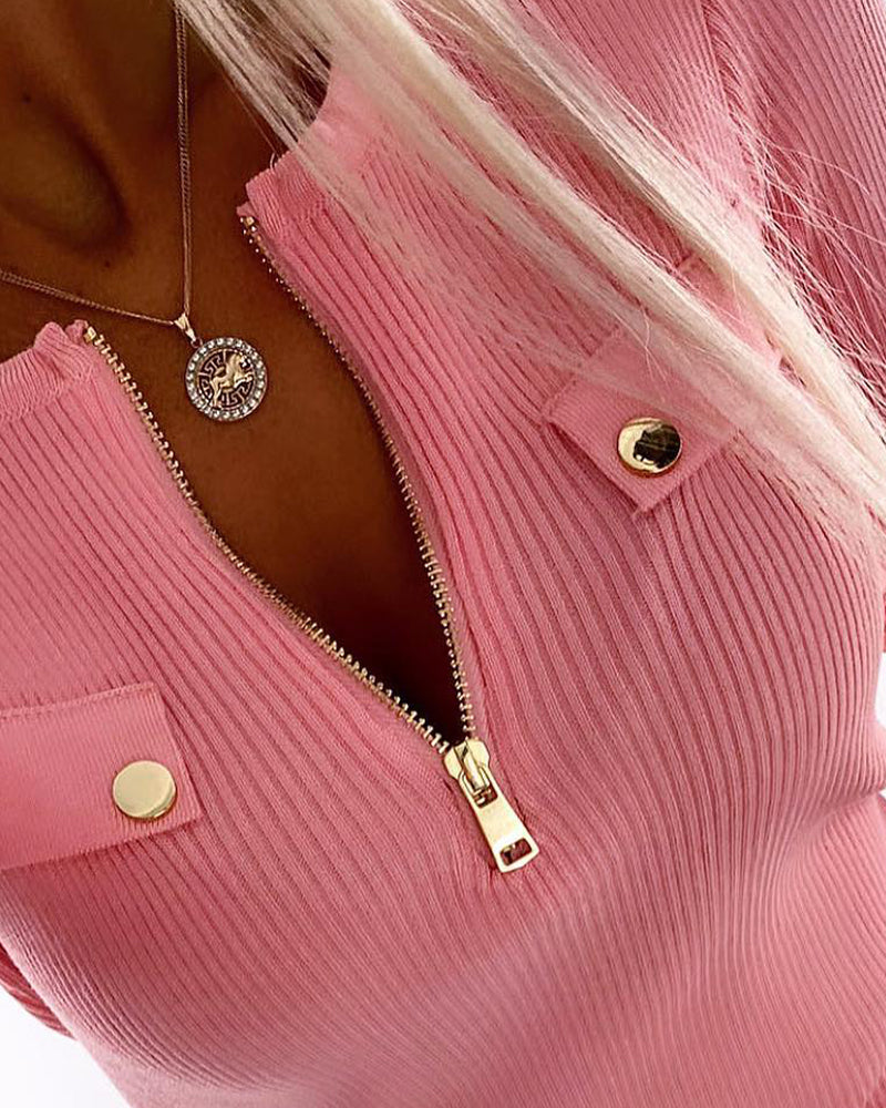 Half-Zip Ribbed Knit Crewneck Sweater with Flap Detail Pullover.
