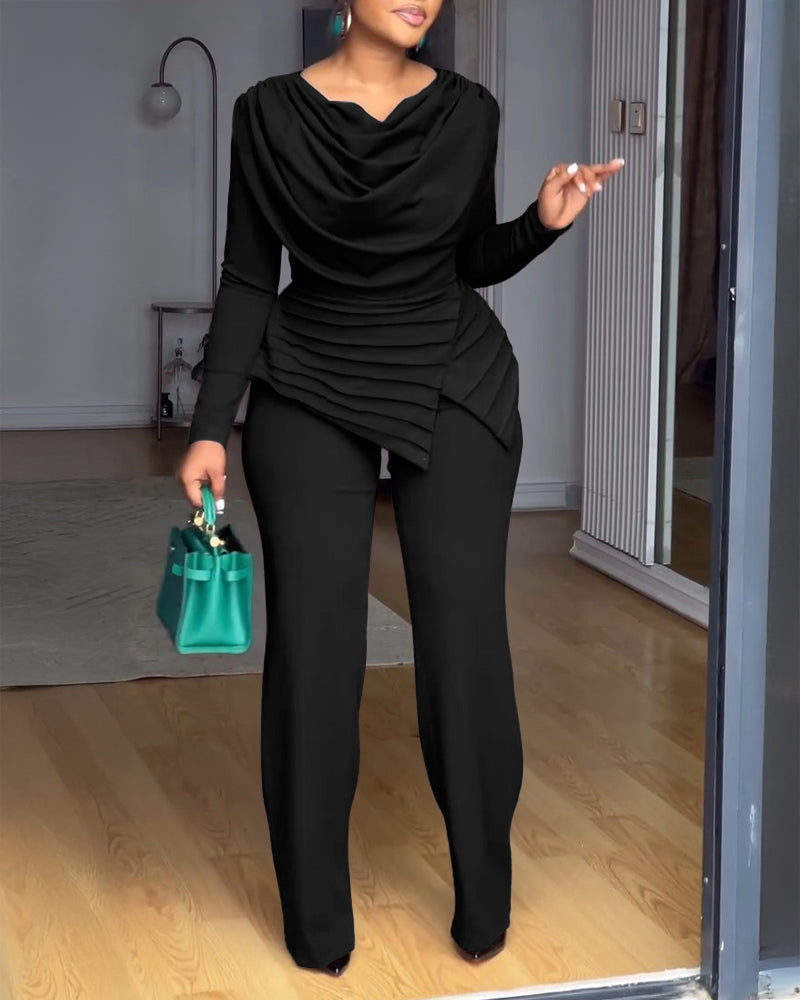 Cowl Neck Asymmetrical Cinched Waist Wide Leg Zippered Jumpsuit