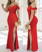 Pearl Strap Cowl Neck Bodycon Dress with High Slit Evening