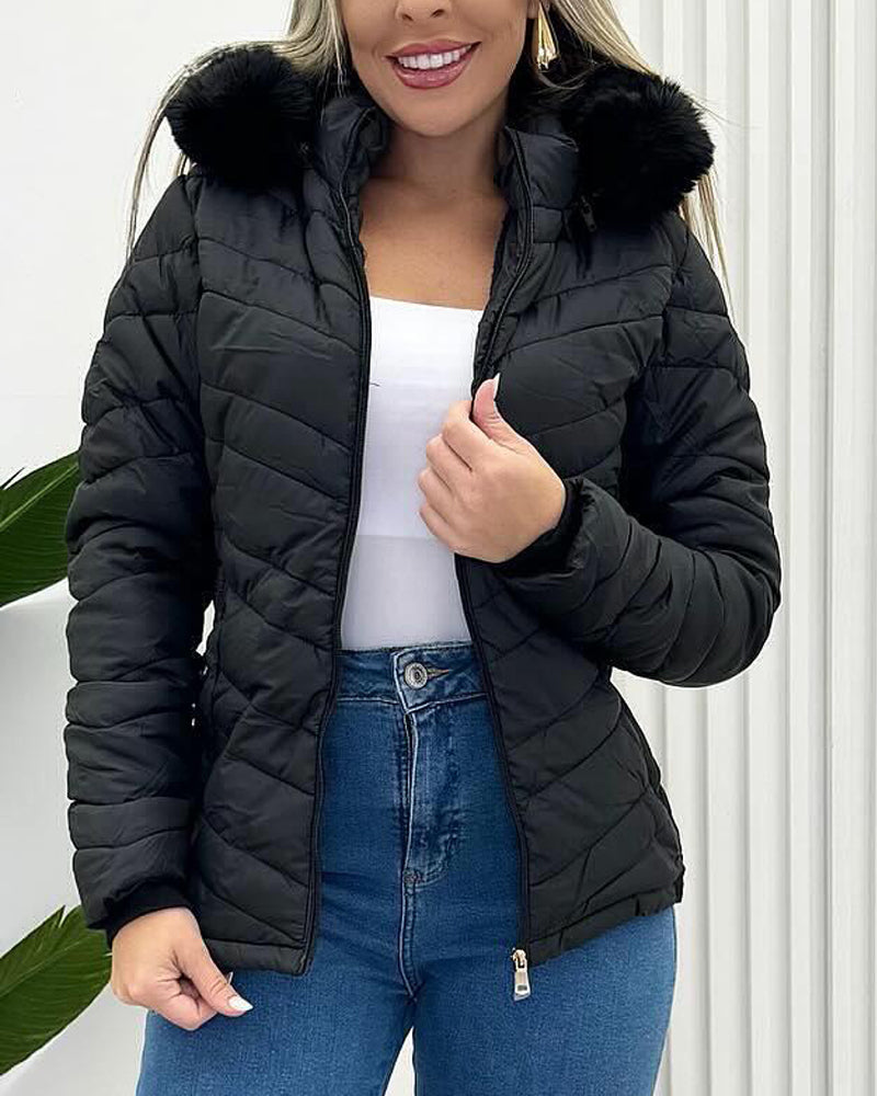 Fuzzy Trim Hooded Puffer Jacket with Shirred Zipper Pockets