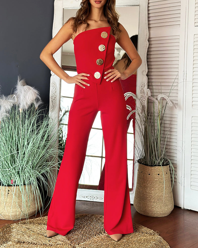 Asymmetrical Strapless Overalls with Metal Button Accents