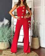 Asymmetrical Strapless Overalls with Metal Button Accents