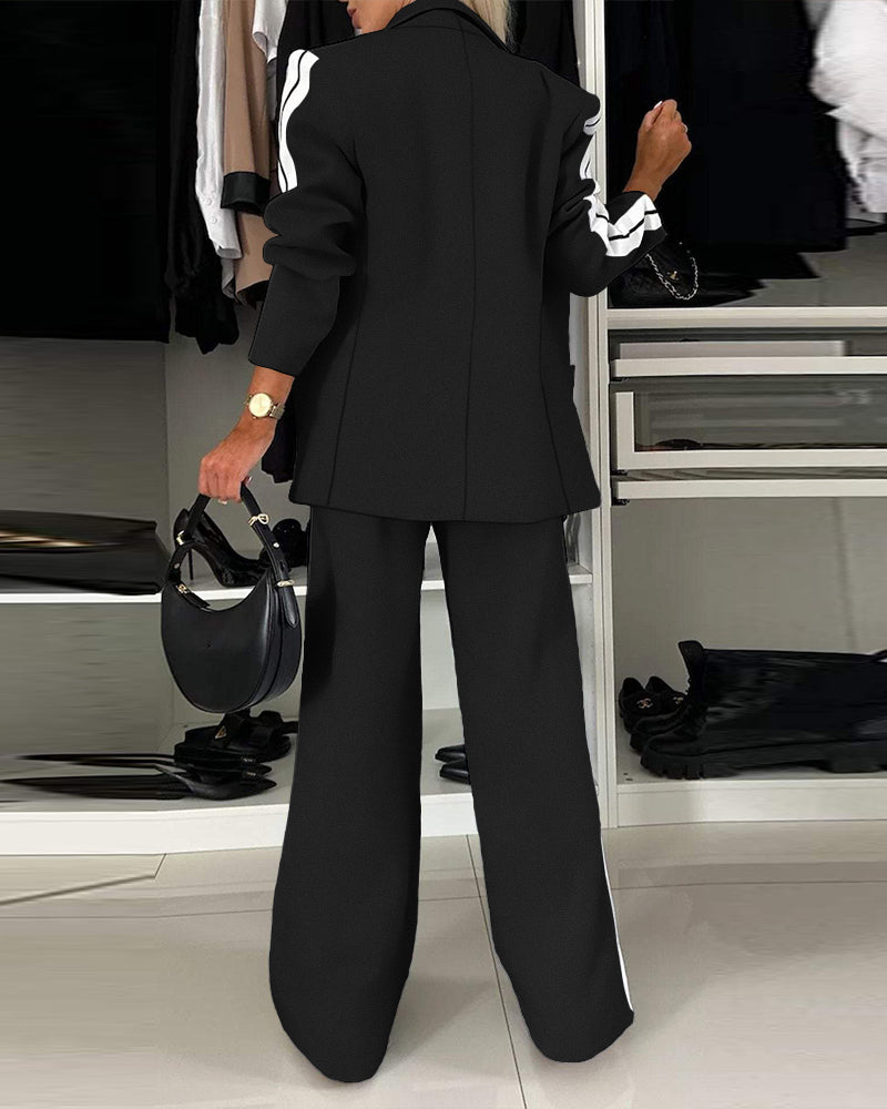 Striped Notched Collar Blazer with Coordinating Wide Leg Pants Set