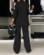 Striped Notched Collar Blazer with Coordinating Wide Leg Pants Set