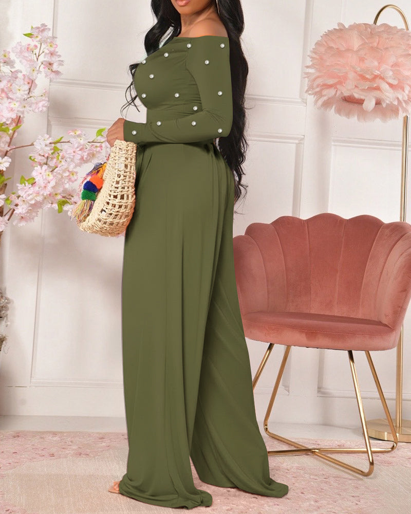 Pearl-Adorned Asymmetrical Neck Ruched Jumpsuit with Cinched Waist