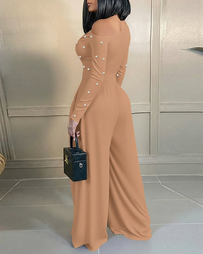 Pearl-Adorned Asymmetrical Neck Ruched Jumpsuit with Cinched Waist