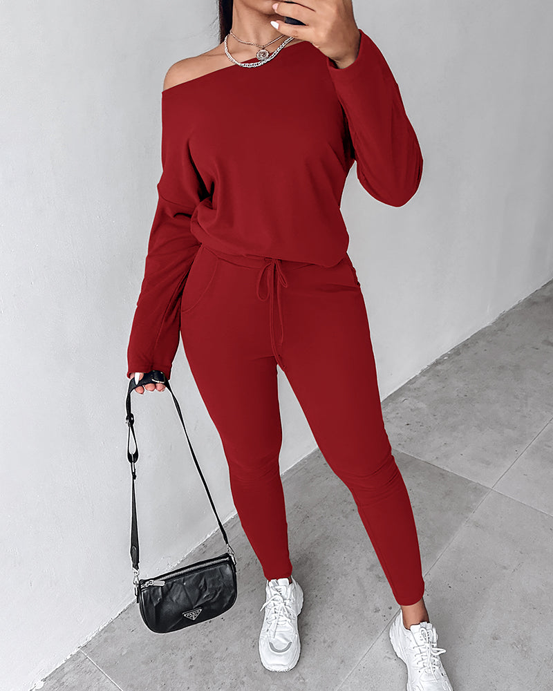 2-Piece Asymmetrical Neck Sweater and Drawstring Slim-Fit Pants Set