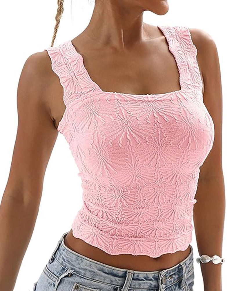 Floral Jacquard Square Neck Crop Top with Thick Straps