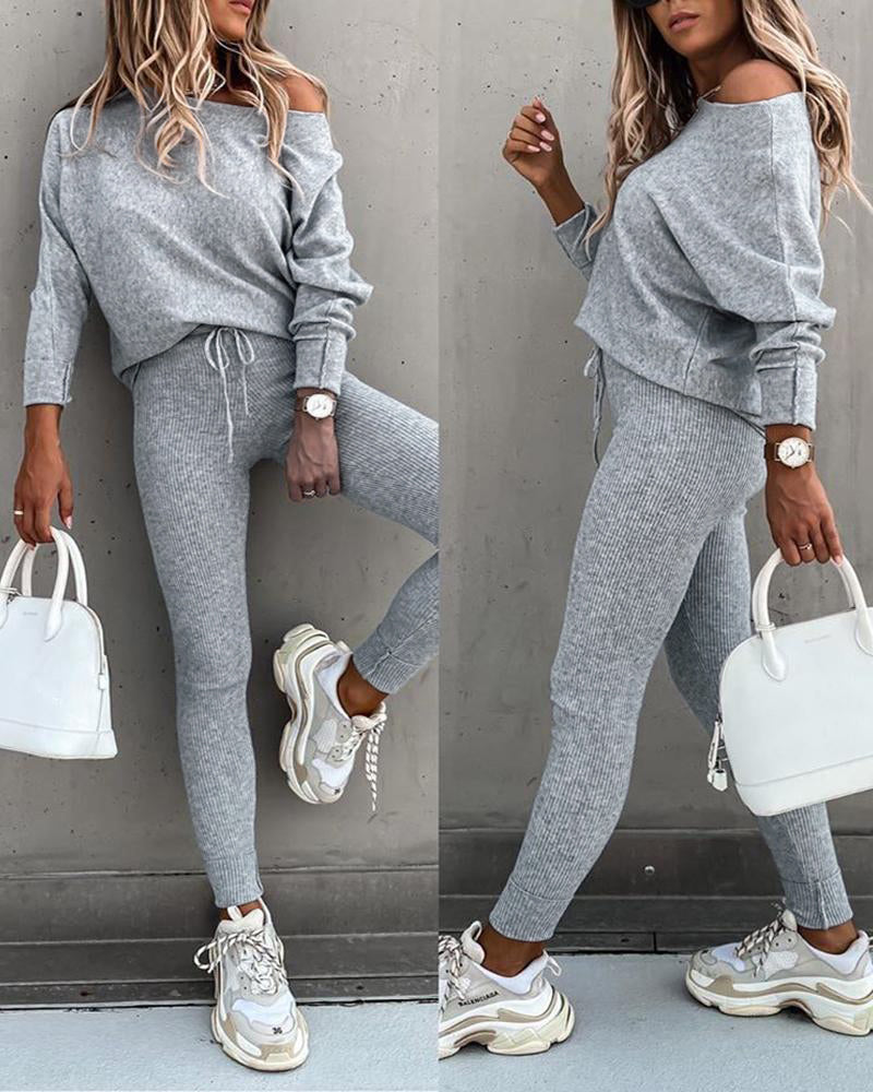 Skew Neck Pullover with High-Waist Drawstring Pants Set