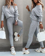 Skew Neck Pullover with High-Waist Drawstring Pants Set