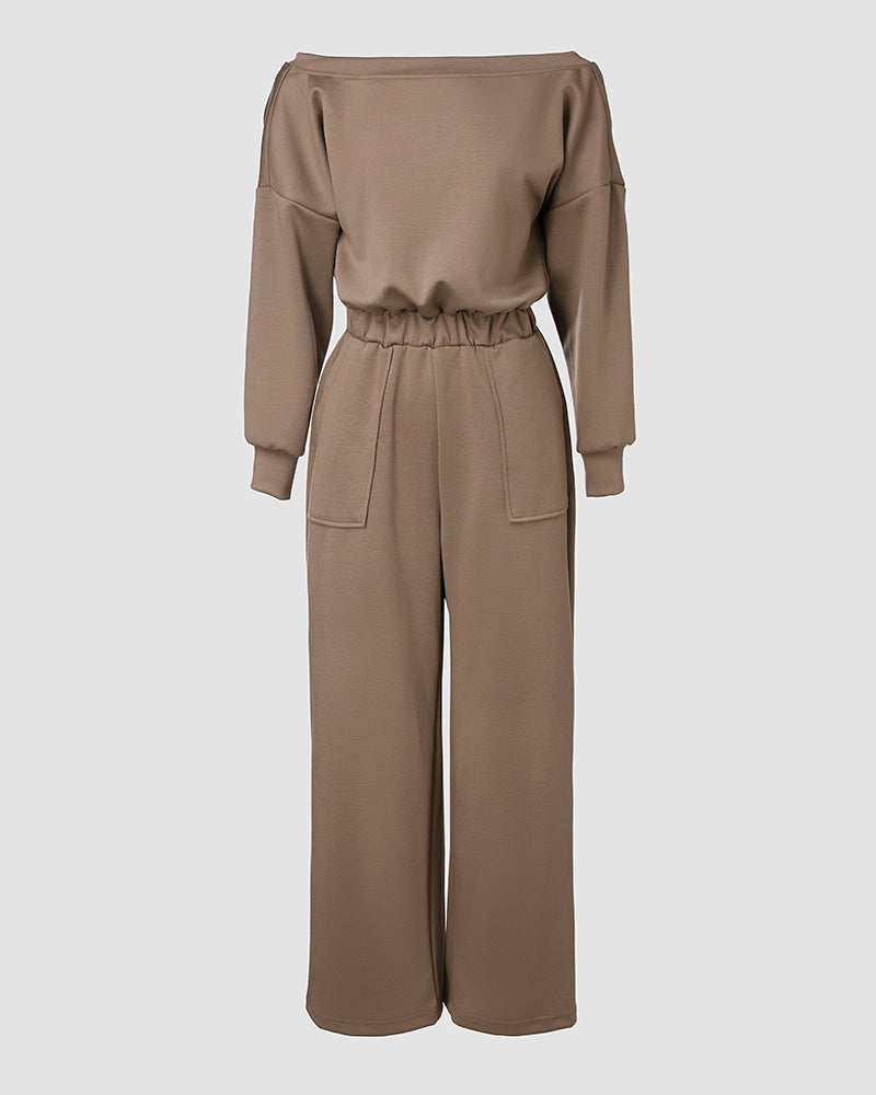 Off-Shoulder Jumpsuit with Elastic Waist, Pockets, and V-Back Design