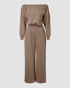 Off-Shoulder Jumpsuit with Elastic Waist, Pockets, and V-Back Design