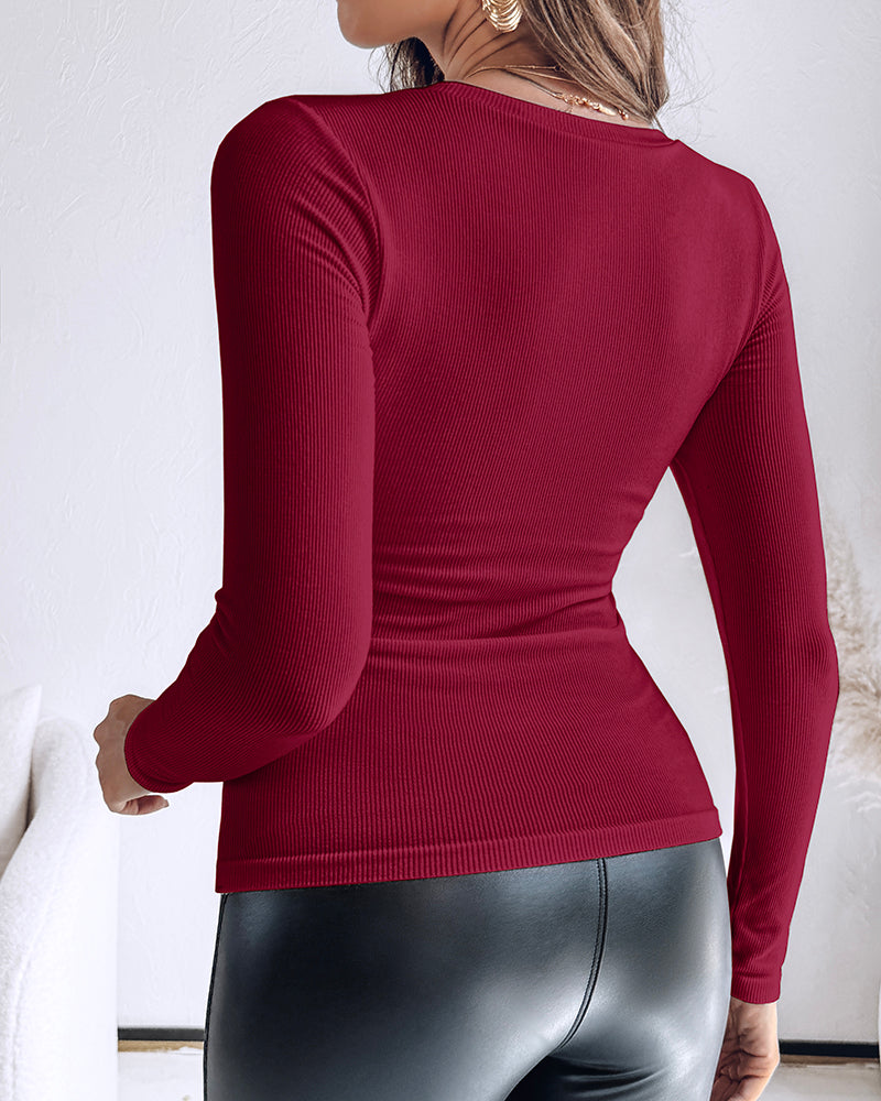 Built-In Bra U-Neck Tee Long Sleeve Stretchy Knit Top
