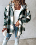 Hooded Plaid Shacket with Long Sleeves and Fleece Lining