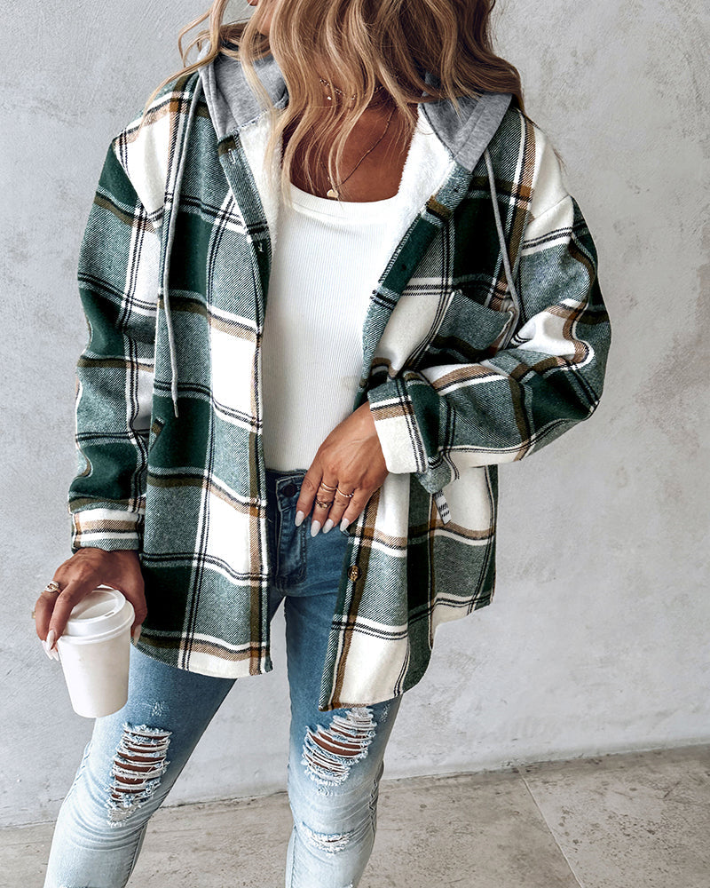 Hooded Plaid Shacket with Long Sleeves and Fleece Lining