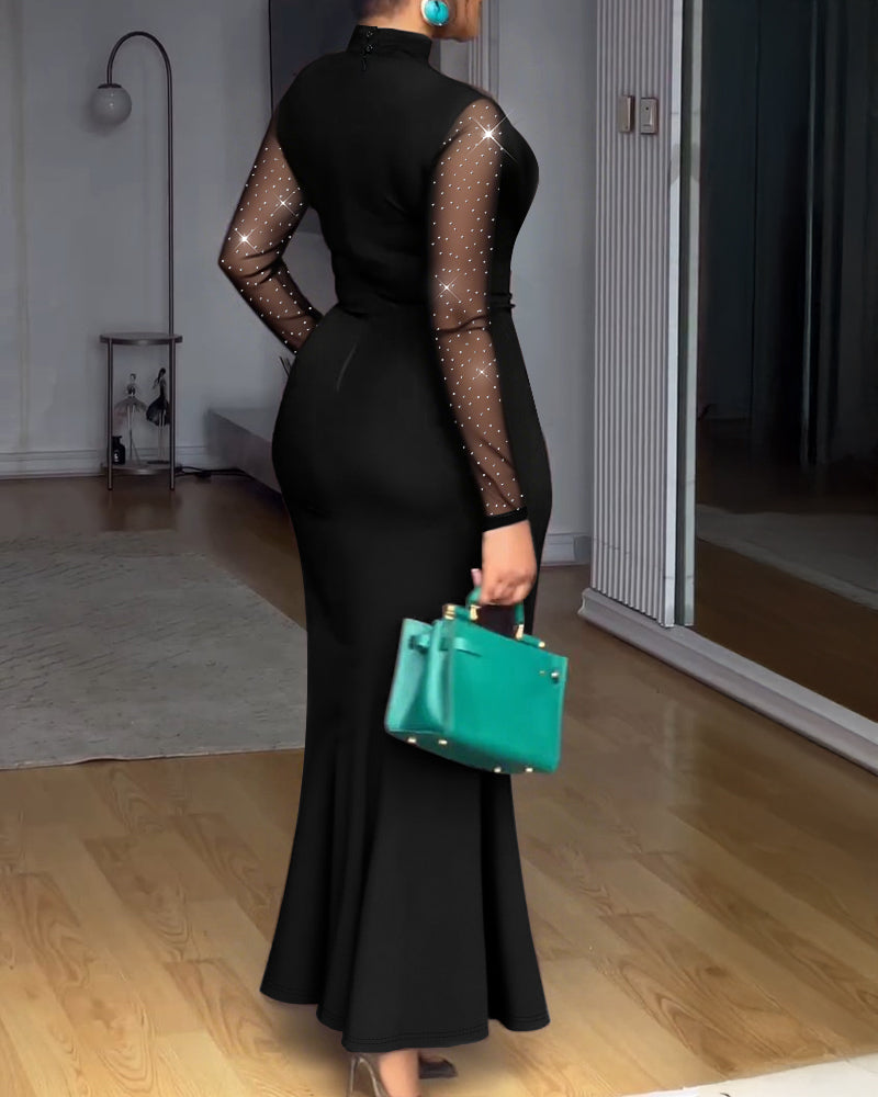 Mock Neck Rhinestone Mermaid Maxi Dress with Mesh Yoke
