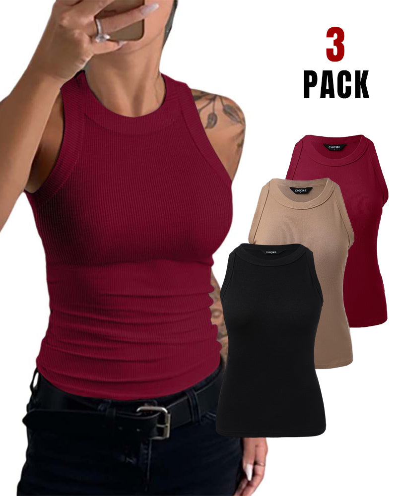 3-Pack Knit Racerback Tank Tops, Round Neck, Thick Straps