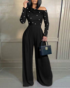 Pearl-Adorned Asymmetrical Neck Ruched Jumpsuit with Cinched Waist