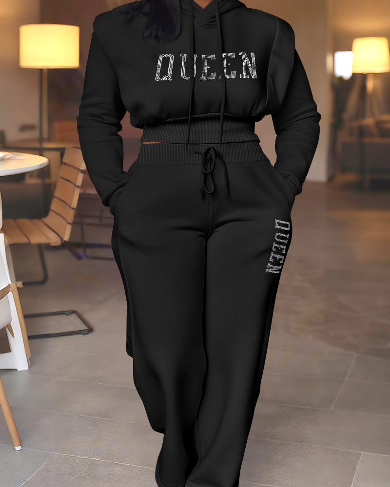 2-Piece 3D Rhinestone Letter Hoodie with Wide-Leg Sweatpants Set