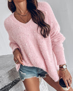 V-Neck Beaded Long Sleeve Fluffy Oversized Pullover Sweater