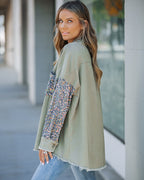 Raw Hem Sequin Patchwork Denim Shacket with Button Front