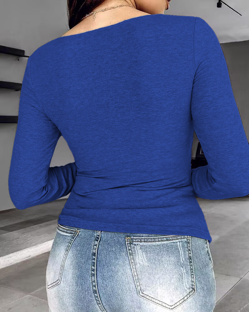 Rib Knit Notch Neck Long Sleeve Top with Built-In Bra