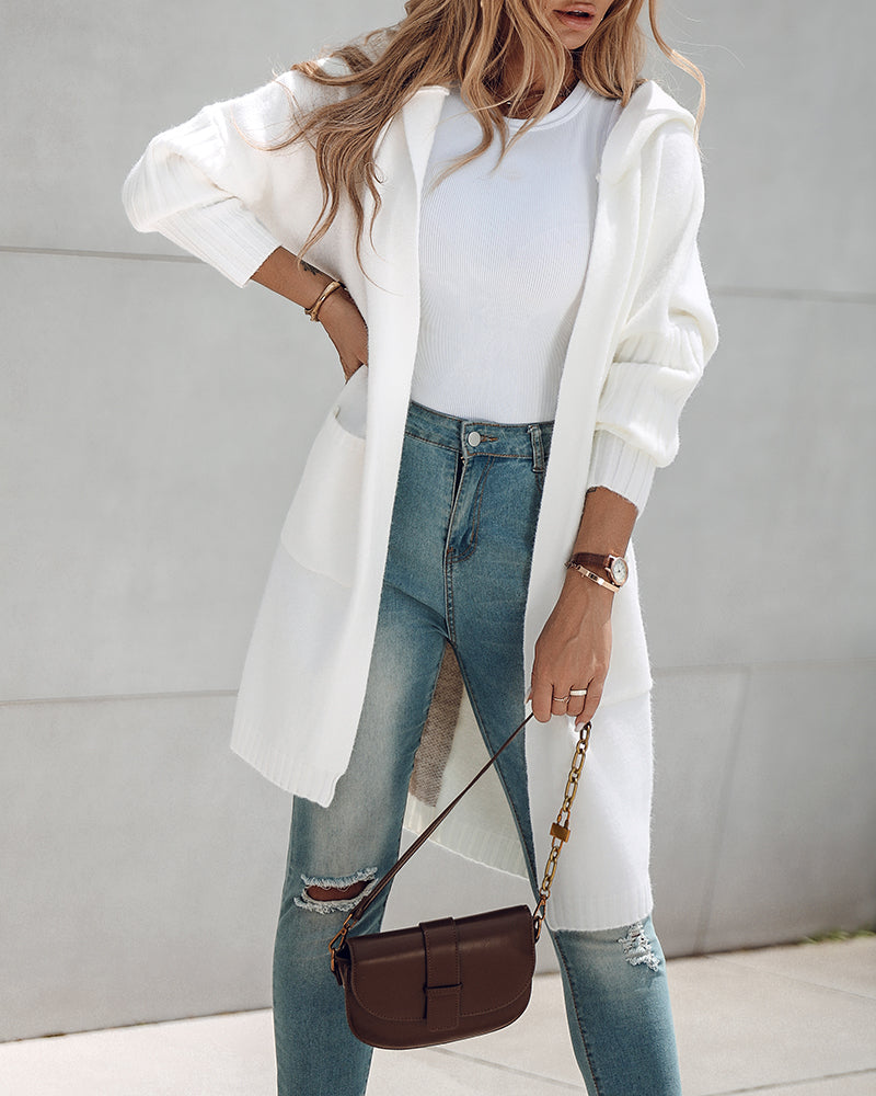 Hooded Heart Pattern Oversized Cardigan with Open Front